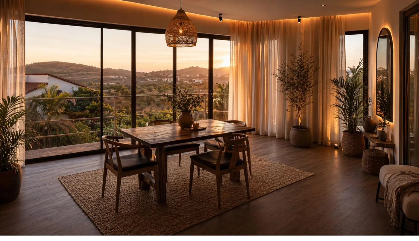 Interior de Neshama al atardecer, con vista a la montaña de Tepoztlán